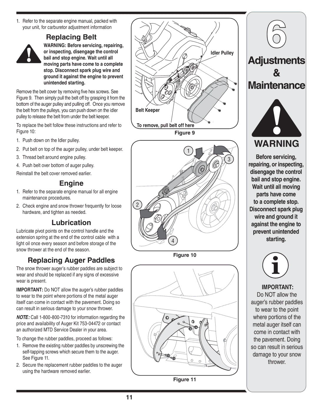 MTD S235 warranty Replacing Belt, Engine, Lubrication, Replacing Auger Paddles 