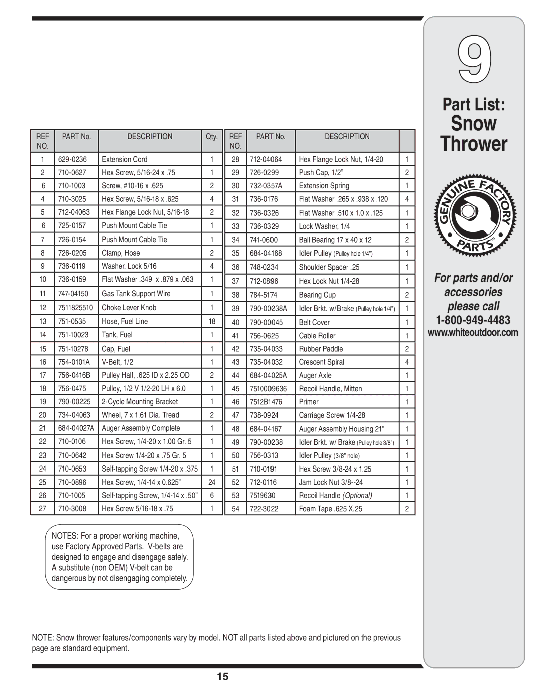 MTD S235 warranty Snow Thrower, Part List 