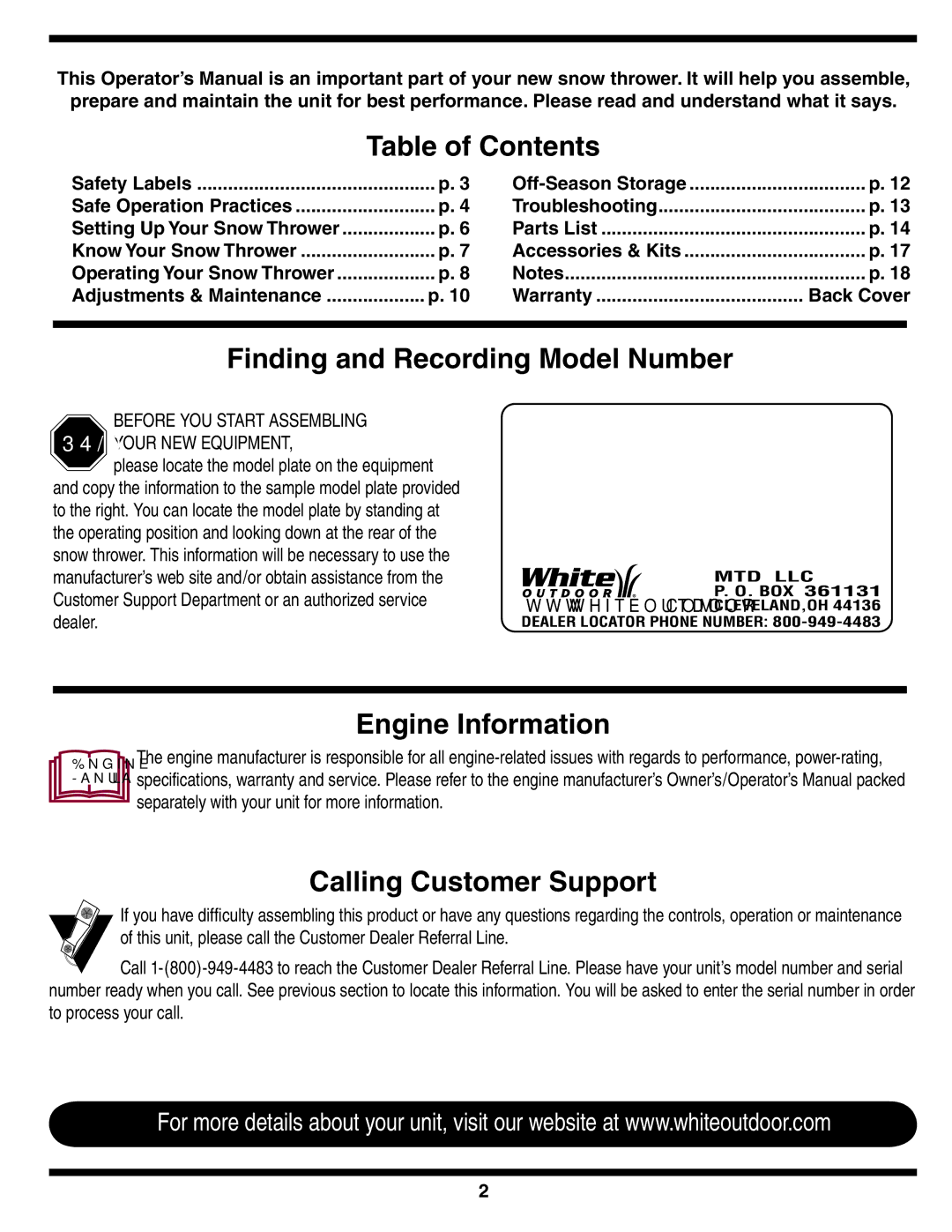 MTD S235 warranty Table of Contents 