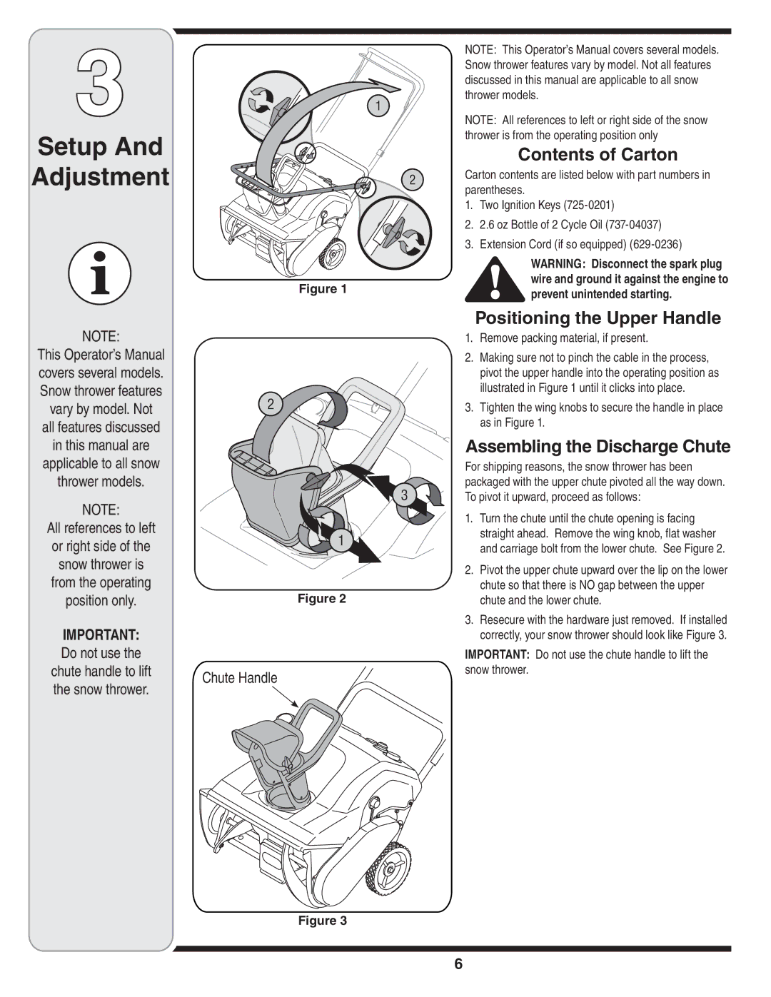 MTD S235 warranty Contents of Carton, Positioning the Upper Handle, Assembling the Discharge Chute 