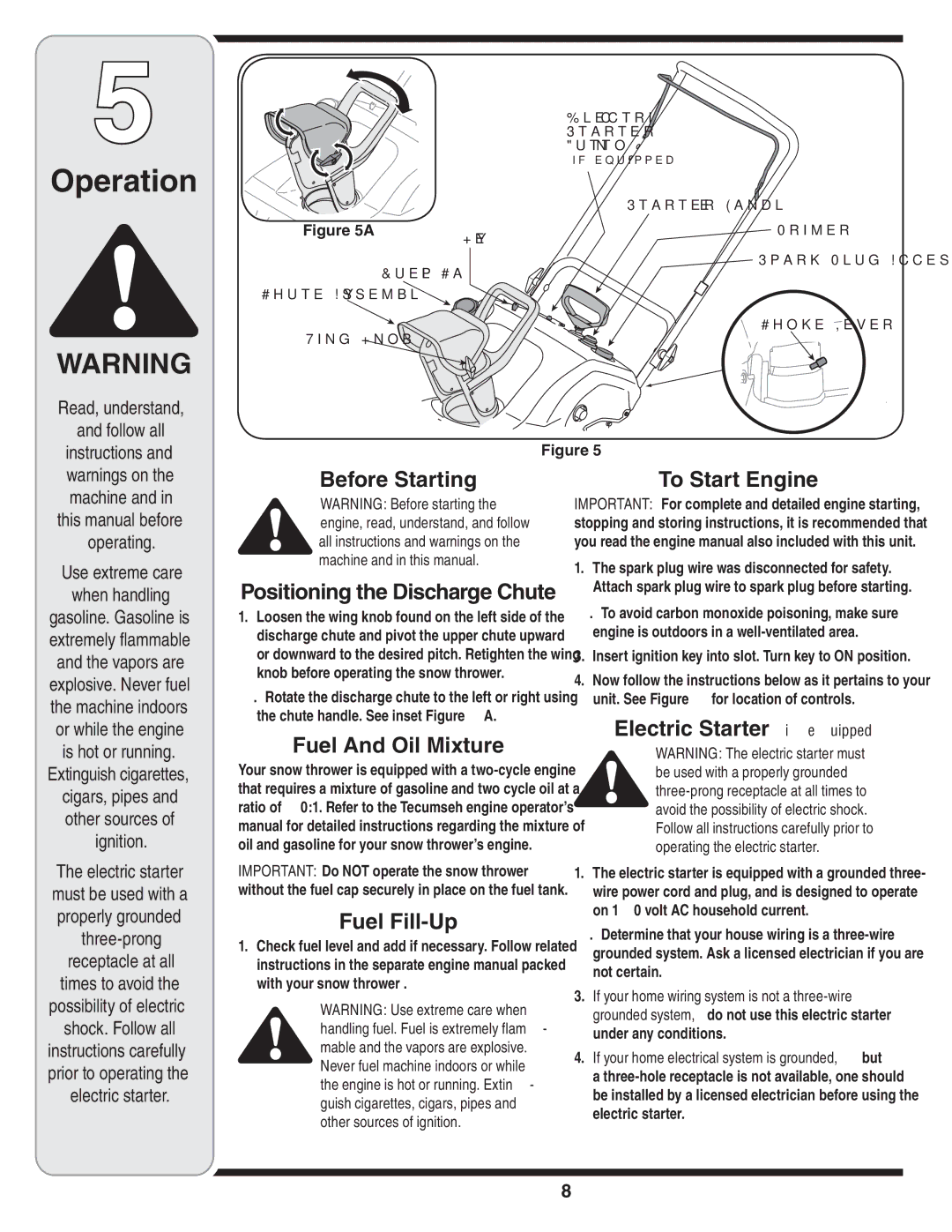 MTD S235 warranty Operation, Before Starting, Fuel And Oil Mixture, Fuel Fill-Up, Electric Starterif equipped 