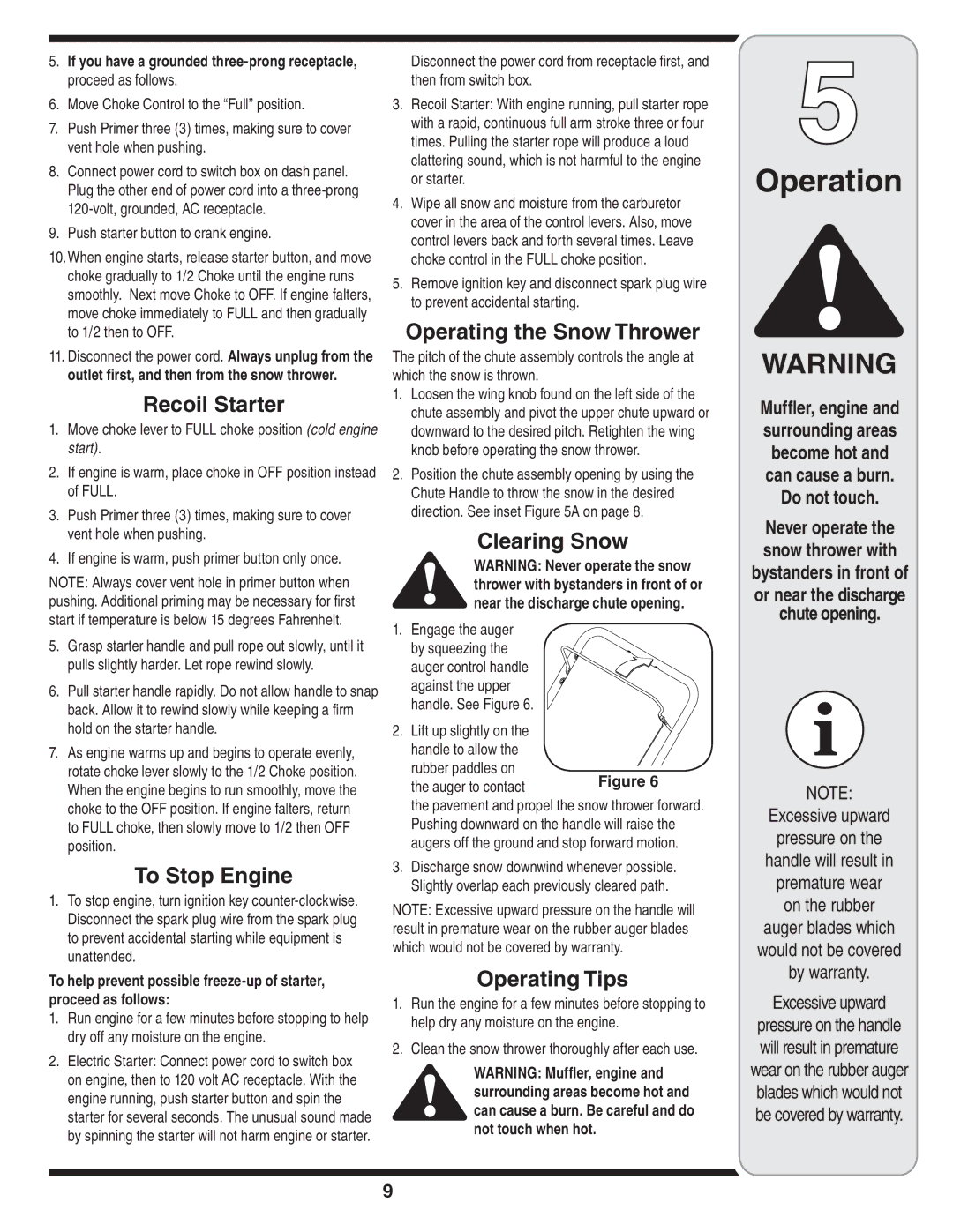 MTD S235 warranty Recoil Starter, To Stop Engine, Operating the Snow Thrower, Clearing Snow, Operating Tips 