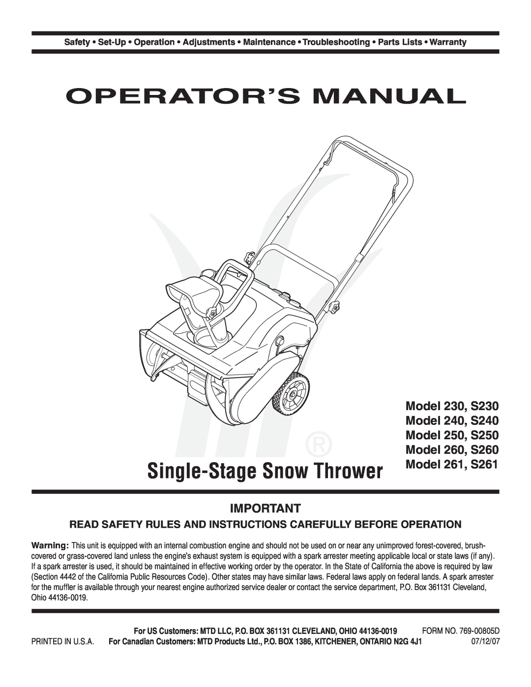 MTD warranty Operator’S Manual, Single-Stage Snow Thrower, Model 230, S230, Model 240, S240, Model 250, S250, 07/12/07 