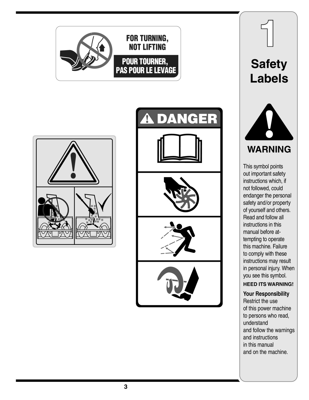 MTD S250, S261, S240, S230, S260 warranty Safety Labels, For Turning Not Lifting, Pour Tourner, Pas Pour Le Levage 