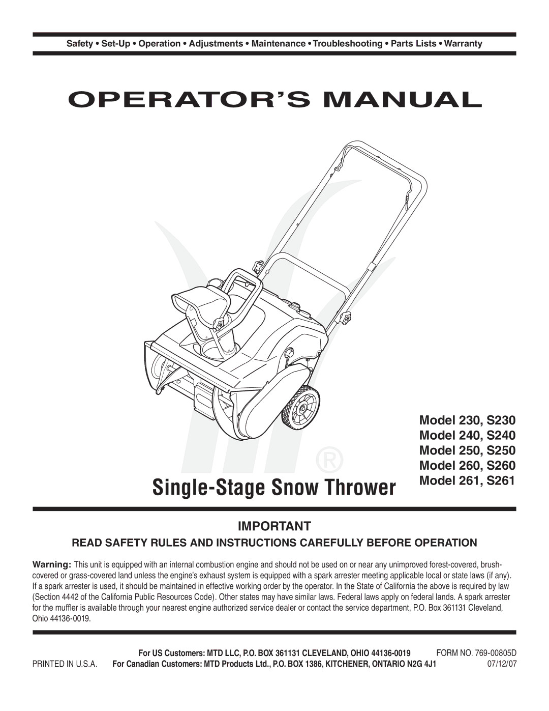 MTD S240, S261, S230, S250, S260 warranty OPERATOR’S Manual 