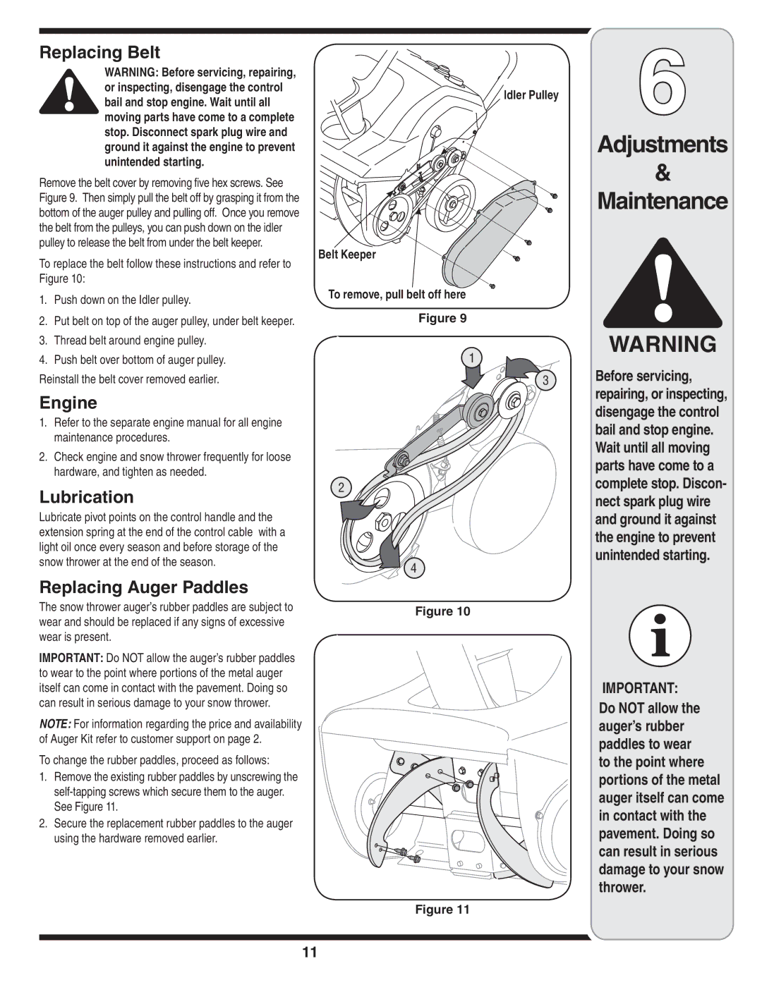 MTD S260, S261, S240, S230, S250 warranty Replacing Belt, Engine, Lubrication, Replacing Auger Paddles 