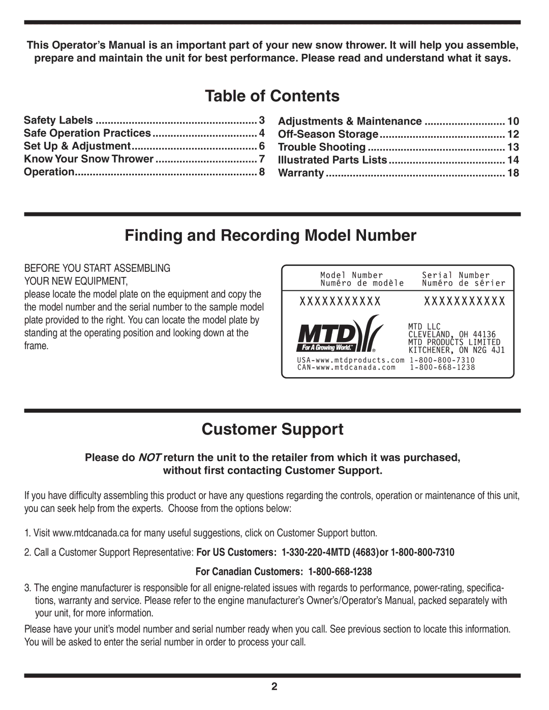 MTD S230, S261, S240, S250, S260 warranty Table of Contents 