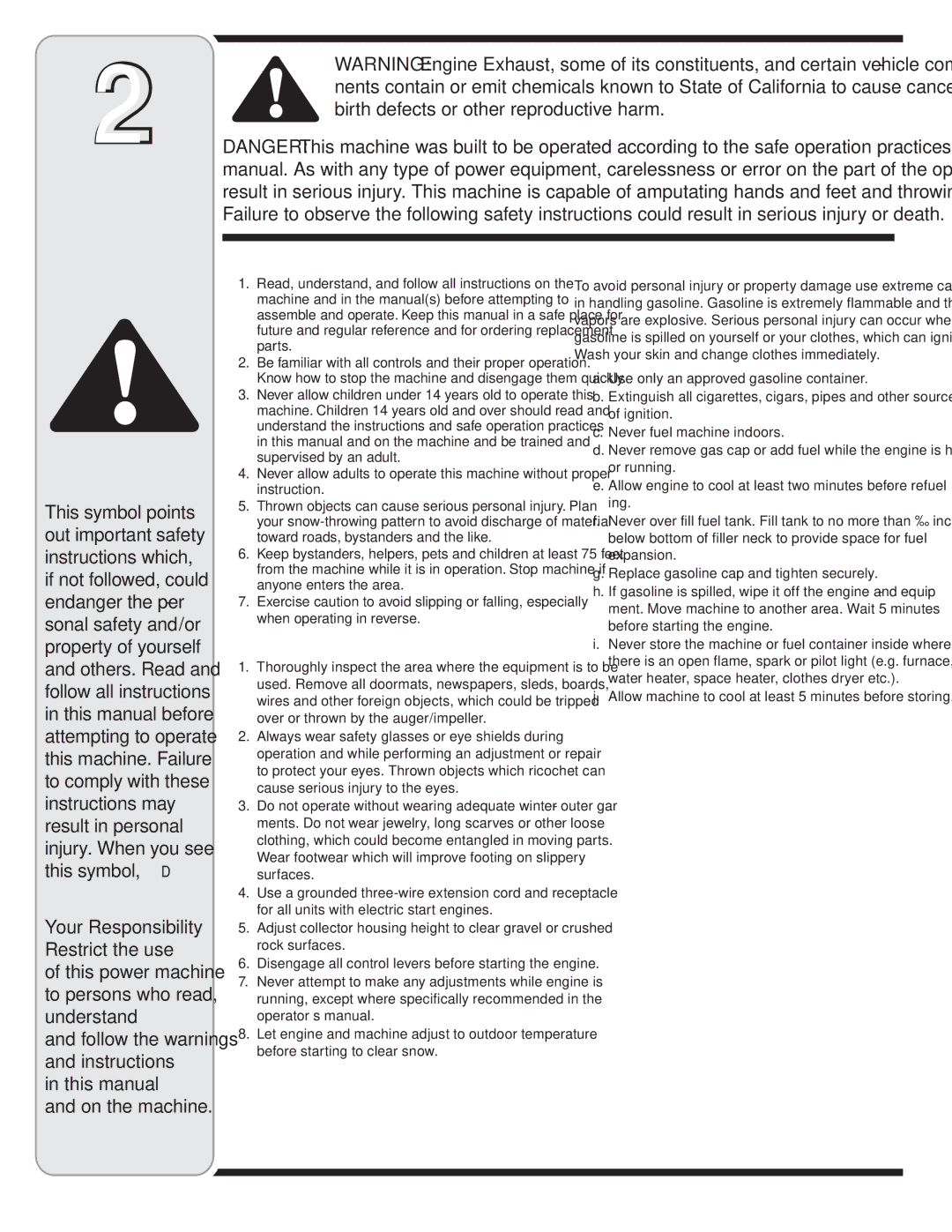 MTD S260, S261, S240, S230, S250 warranty Safe Operation Practices, Training, Preparation 