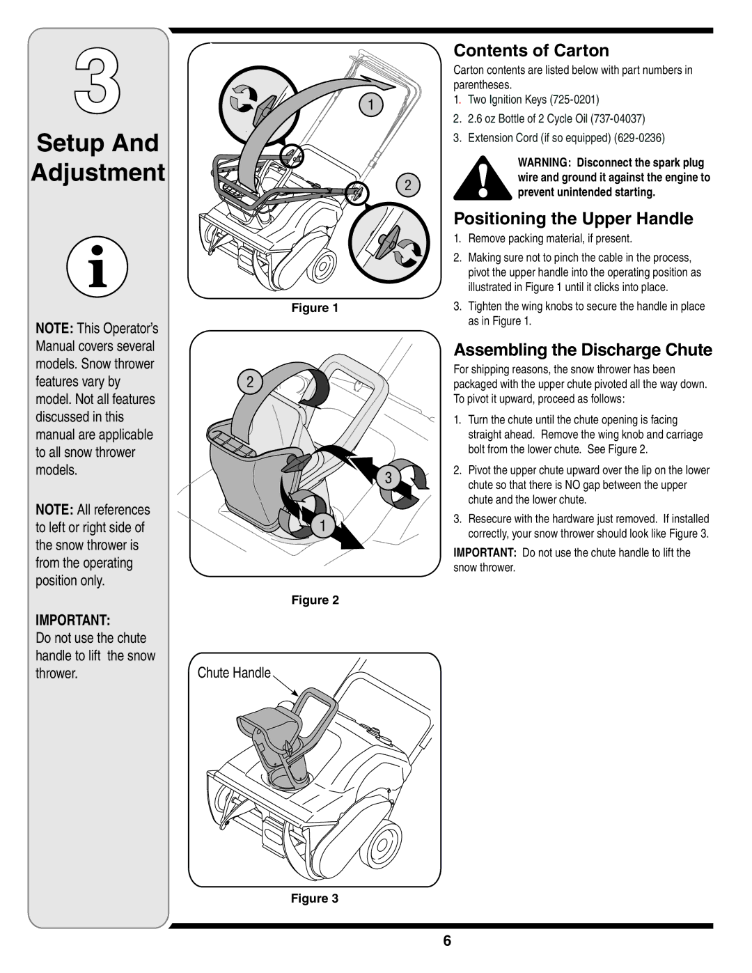 MTD S261, S240, S230, S250, S260 warranty Contents of Carton, Positioning the Upper Handle 