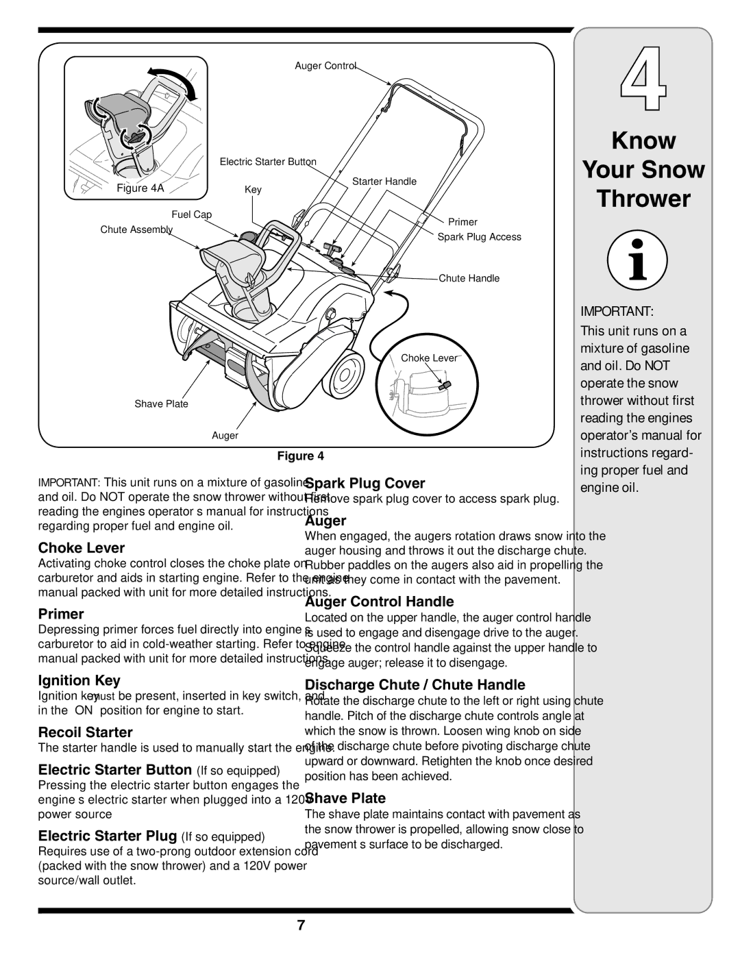 MTD S261, S240, S230, S250, S260 warranty Know Your Snow Thrower, Choke Lever 