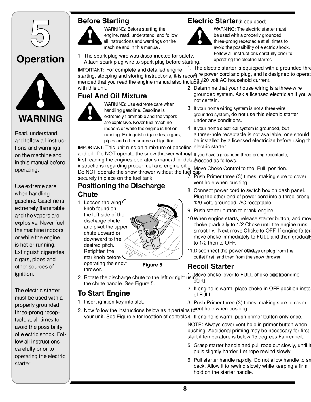 MTD S240, S261 Before Starting, Fuel And Oil Mixture, Positioning the Discharge Chute, To Start Engine, Recoil Starter 