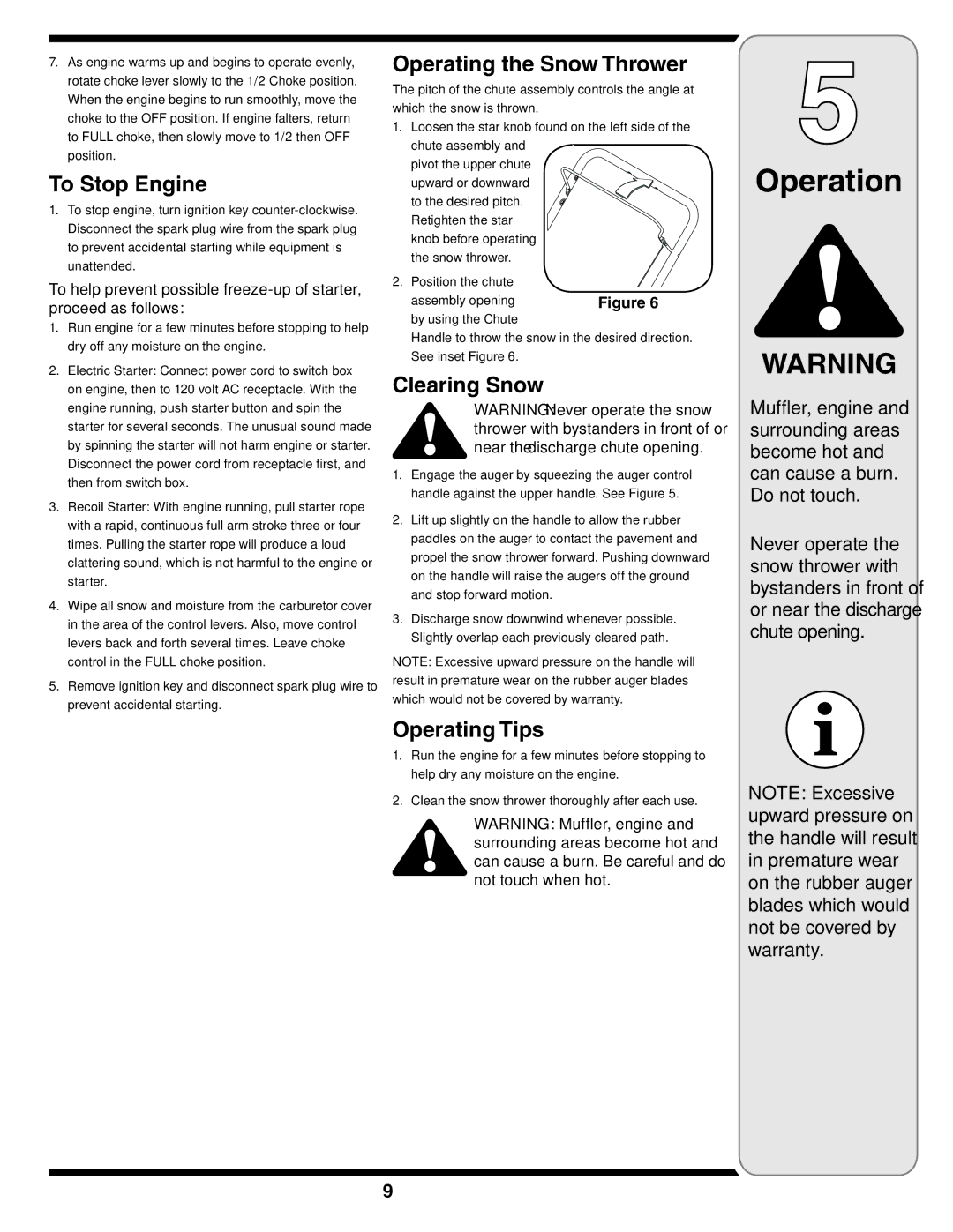 MTD S230, S261, S240, S250, S260 warranty To Stop Engine, Operating the Snow Thrower, Clearing Snow, Operating Tips 