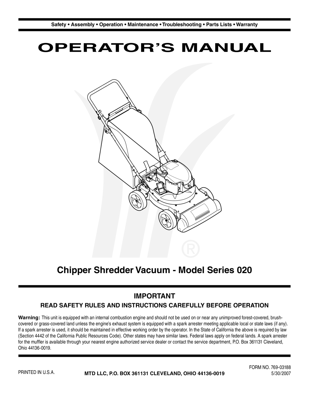 MTD Series 020 warranty Chipper Shredder Vacuum Model Series, MTD LLC, P.O. BOX 361131 CLEVELAND, Ohio, 30/2007 