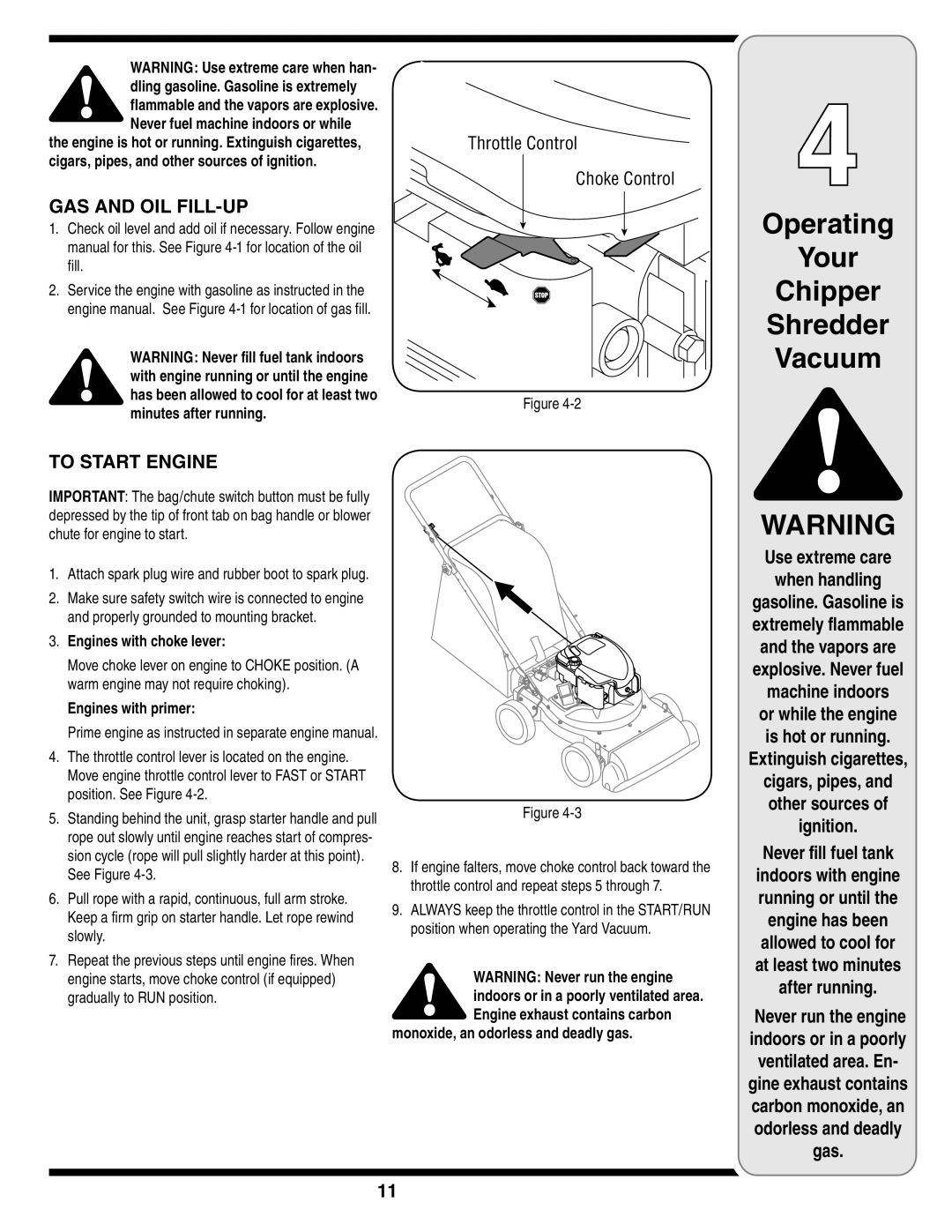 MTD Series 020 warranty GAS and OIL FILL-UP, To Start Engine, Use extreme care When handling, Extinguish cigarettes 