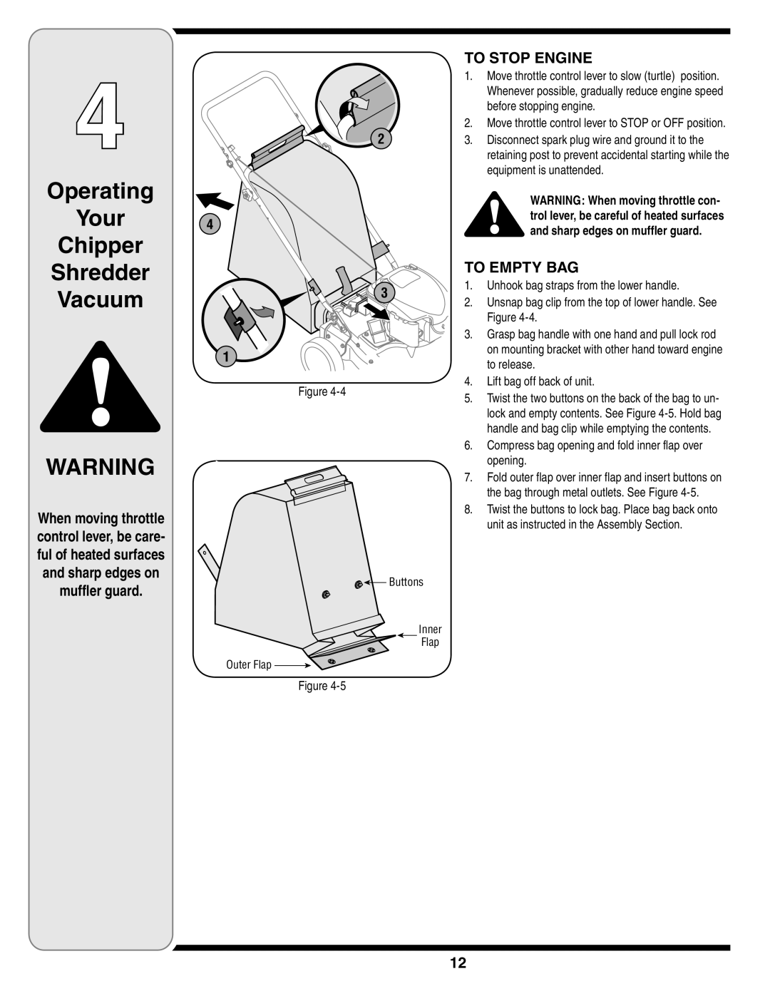 MTD Series 020 warranty To Stop Engine, To Empty BAG, Compress bag opening and fold inner flap over opening 