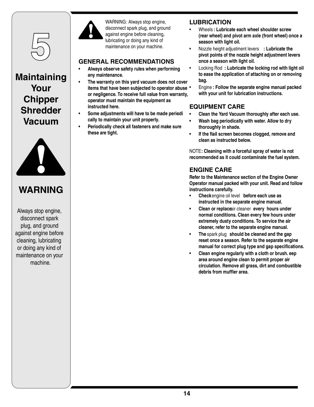 MTD Series 020 warranty Maintaining Your Chipper Shredder Vacuum, General Recommendations 