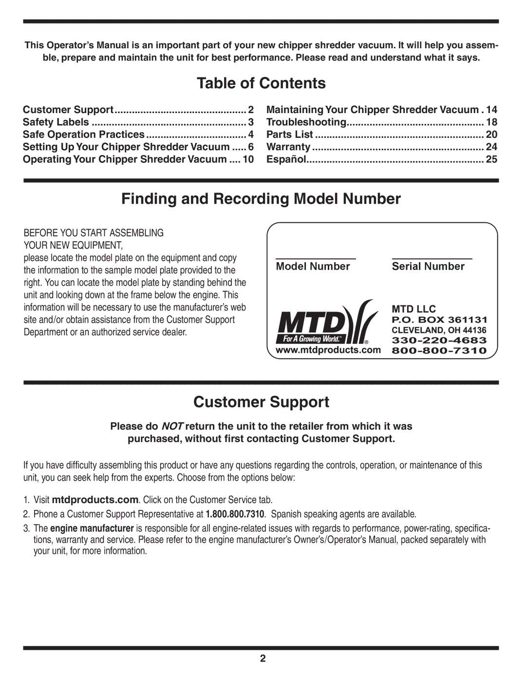 MTD Series 020 warranty Table of Contents, Finding and Recording Model Number, Customer Support 