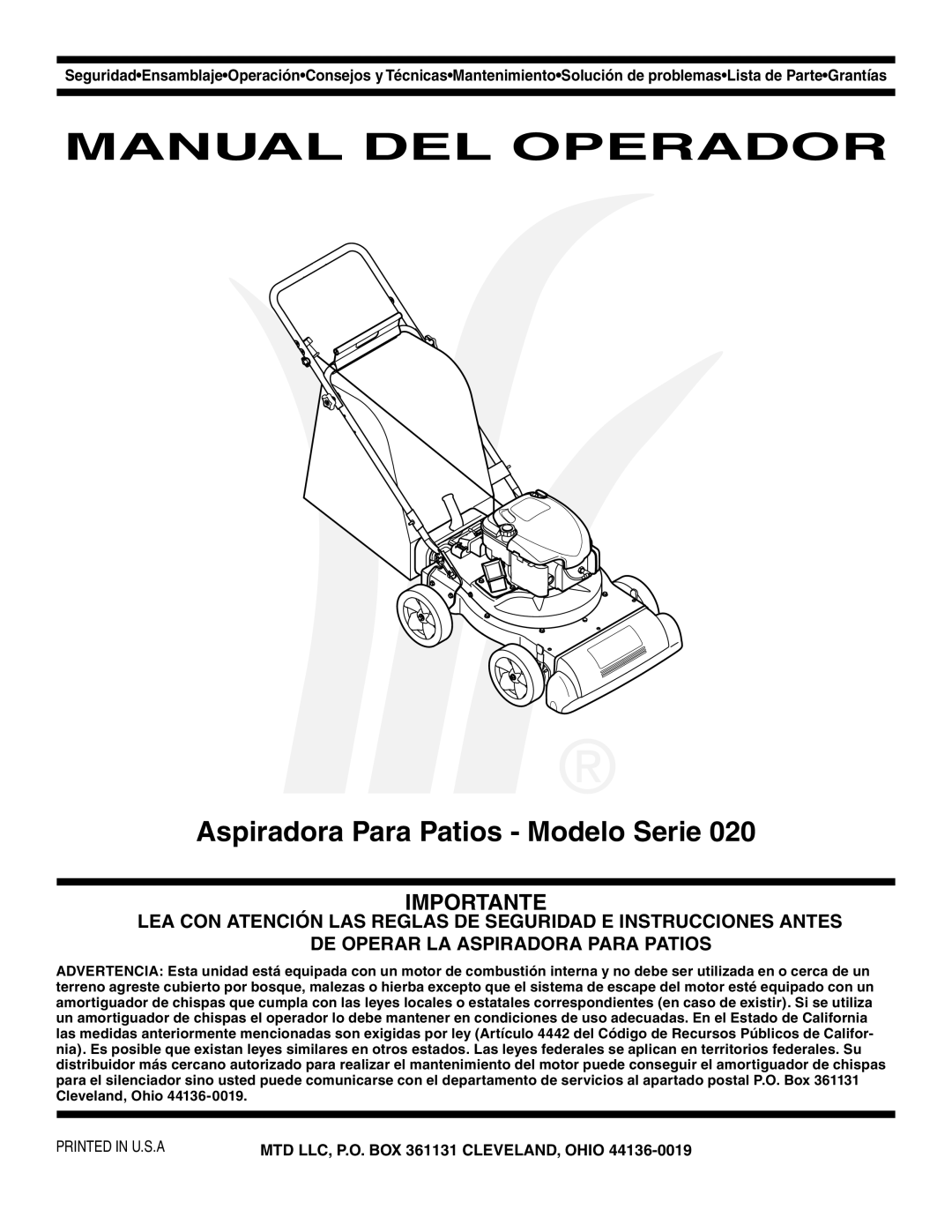 MTD Series 020 warranty Manual DEL Operador, Aspiradora Para Patios Modelo Serie 