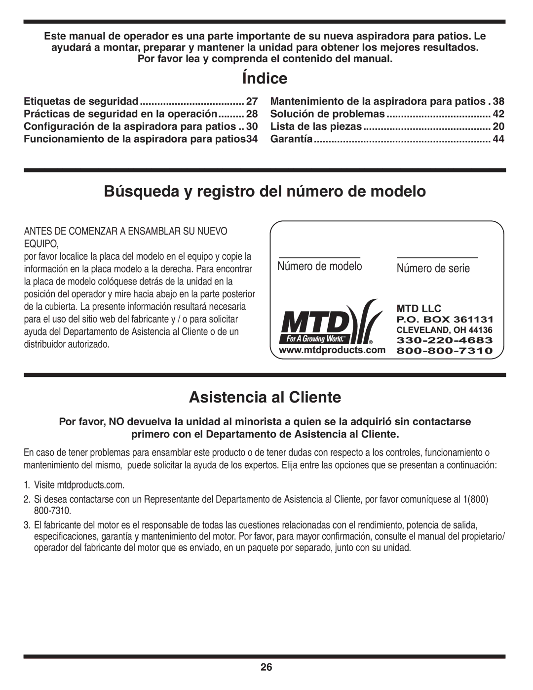 MTD Series 020 warranty Índice, Búsqueda y registro del número de modelo, Asistencia al Cliente 