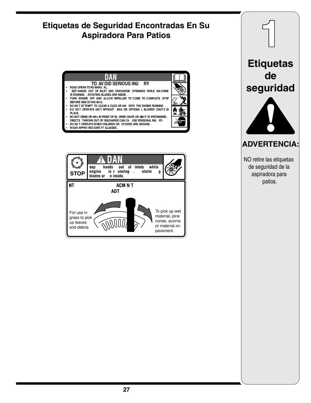 MTD Series 020 warranty Etiquetas Seguridad 