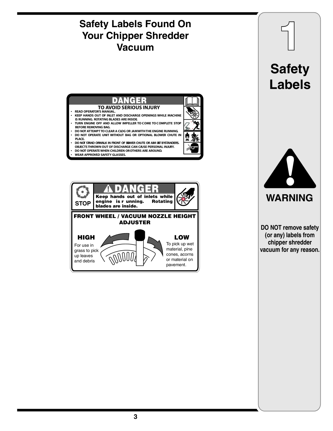 MTD Series 020 warranty Safety Labels Found On Your Chipper Shredder Vacuum, To Avoid Serious Injury 