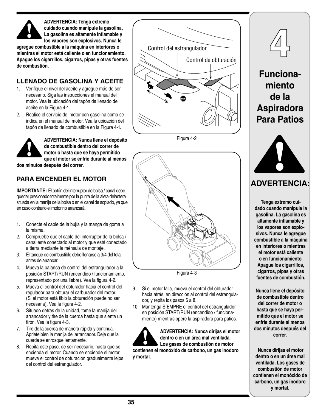 MTD Series 020 warranty Funciona, Miento De la, Llenado de gasolina y aceite, Para Encender EL Motor 