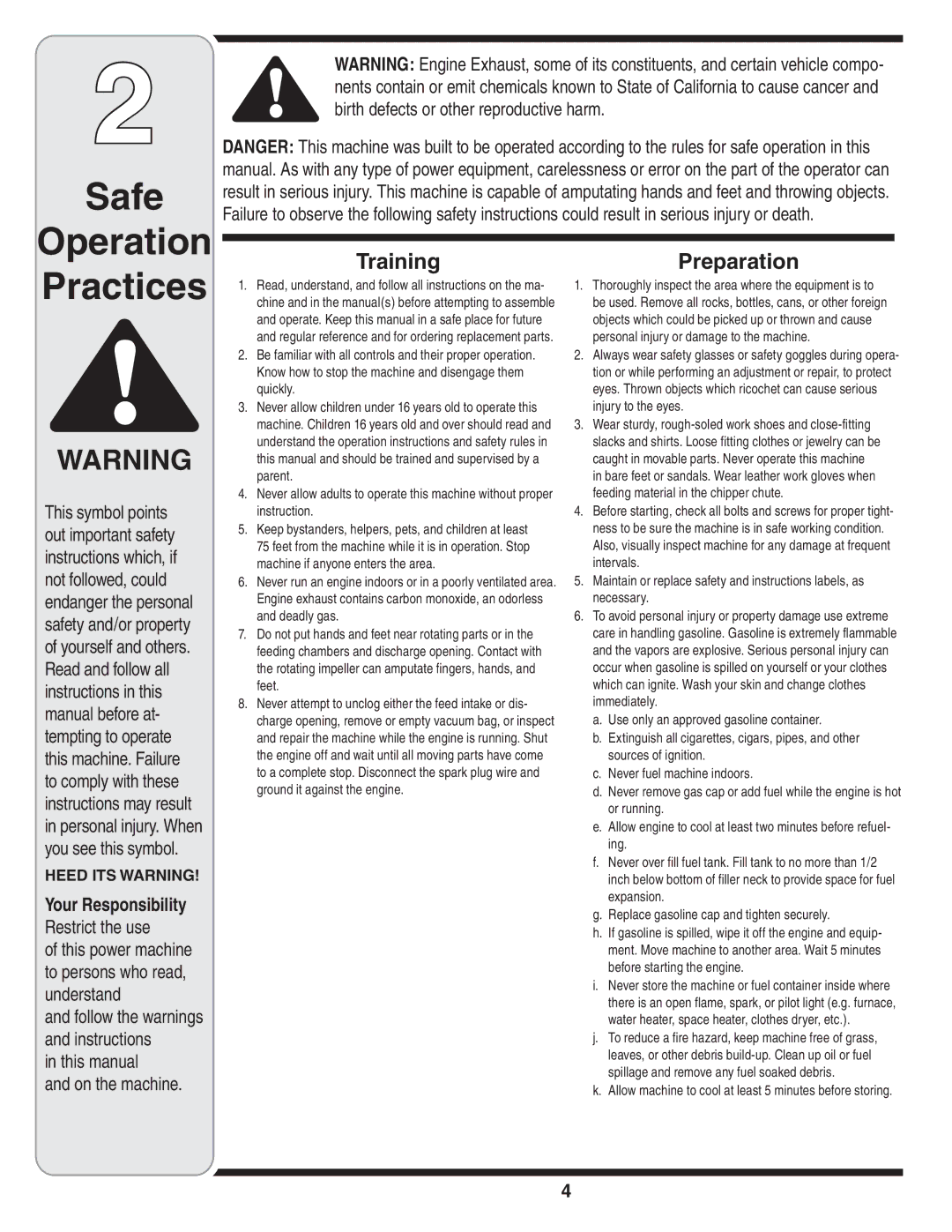 MTD Series 020 warranty Practices, Your Responsibility Restrict the use 