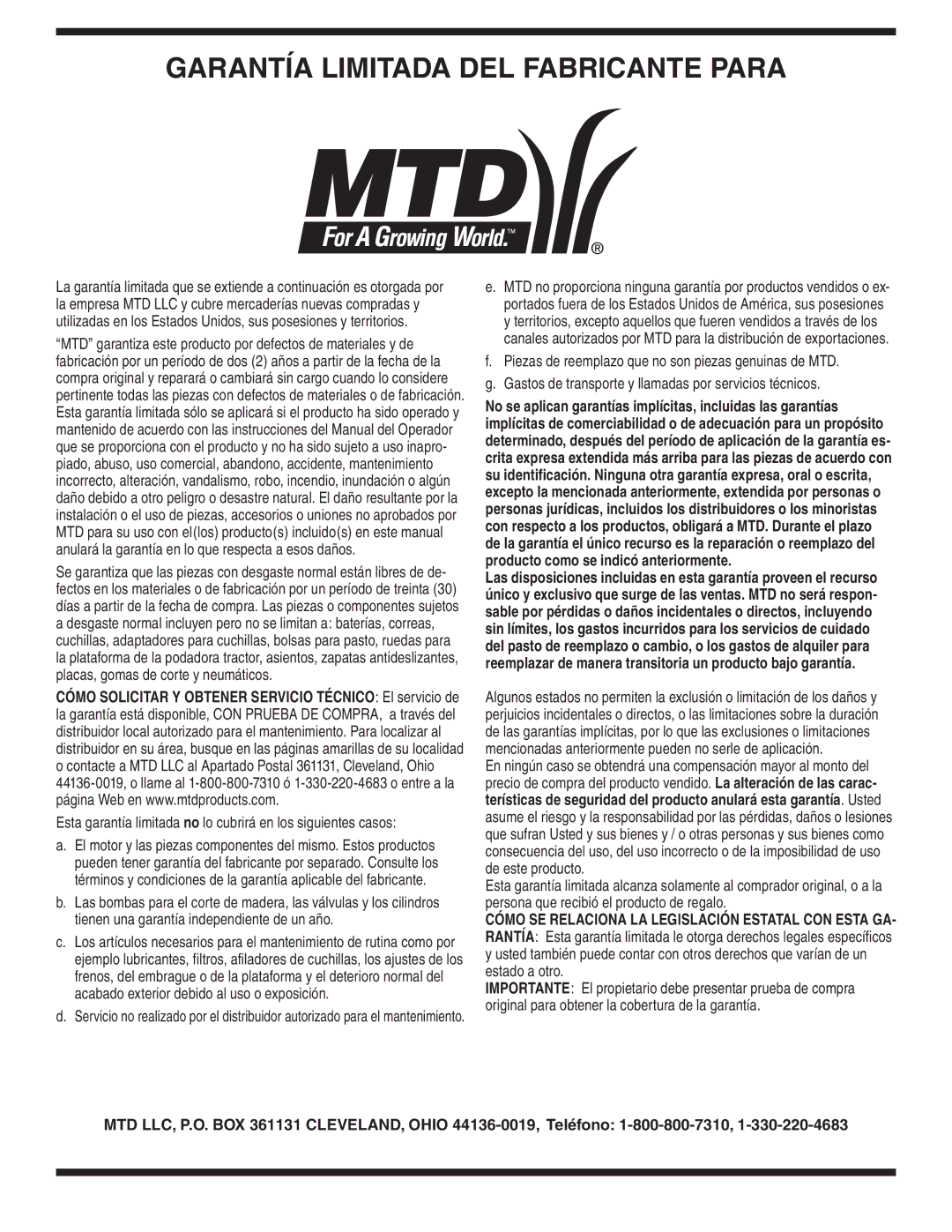 MTD Series 020 warranty Garantía Limitada DEL Fabricante Para 