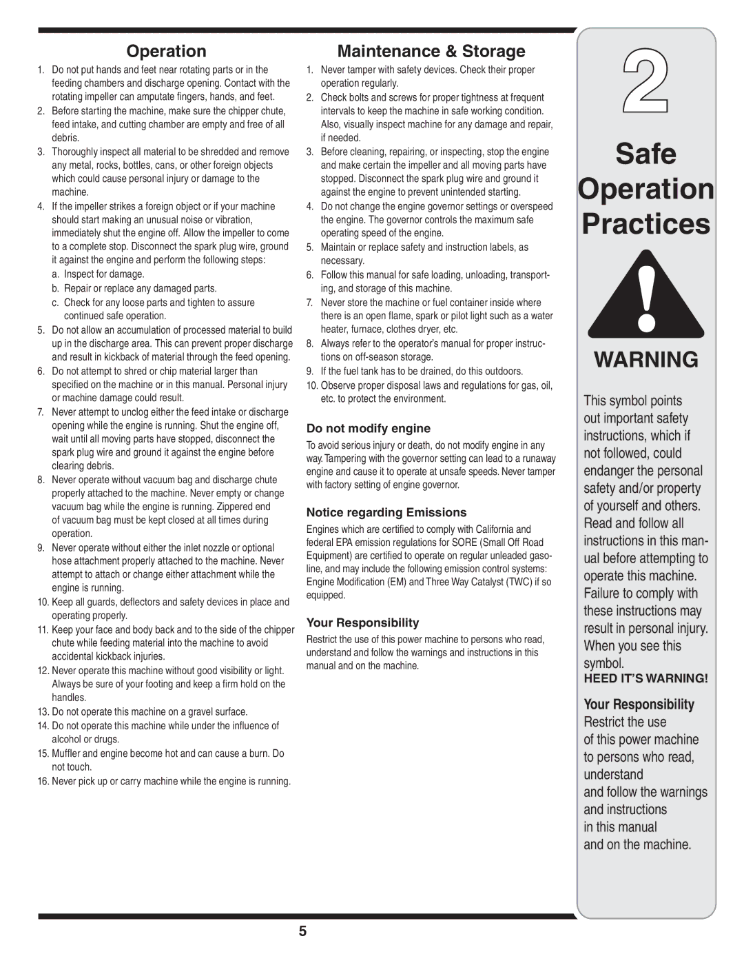 MTD Series 020 warranty Do not modify engine, Your Responsibility 