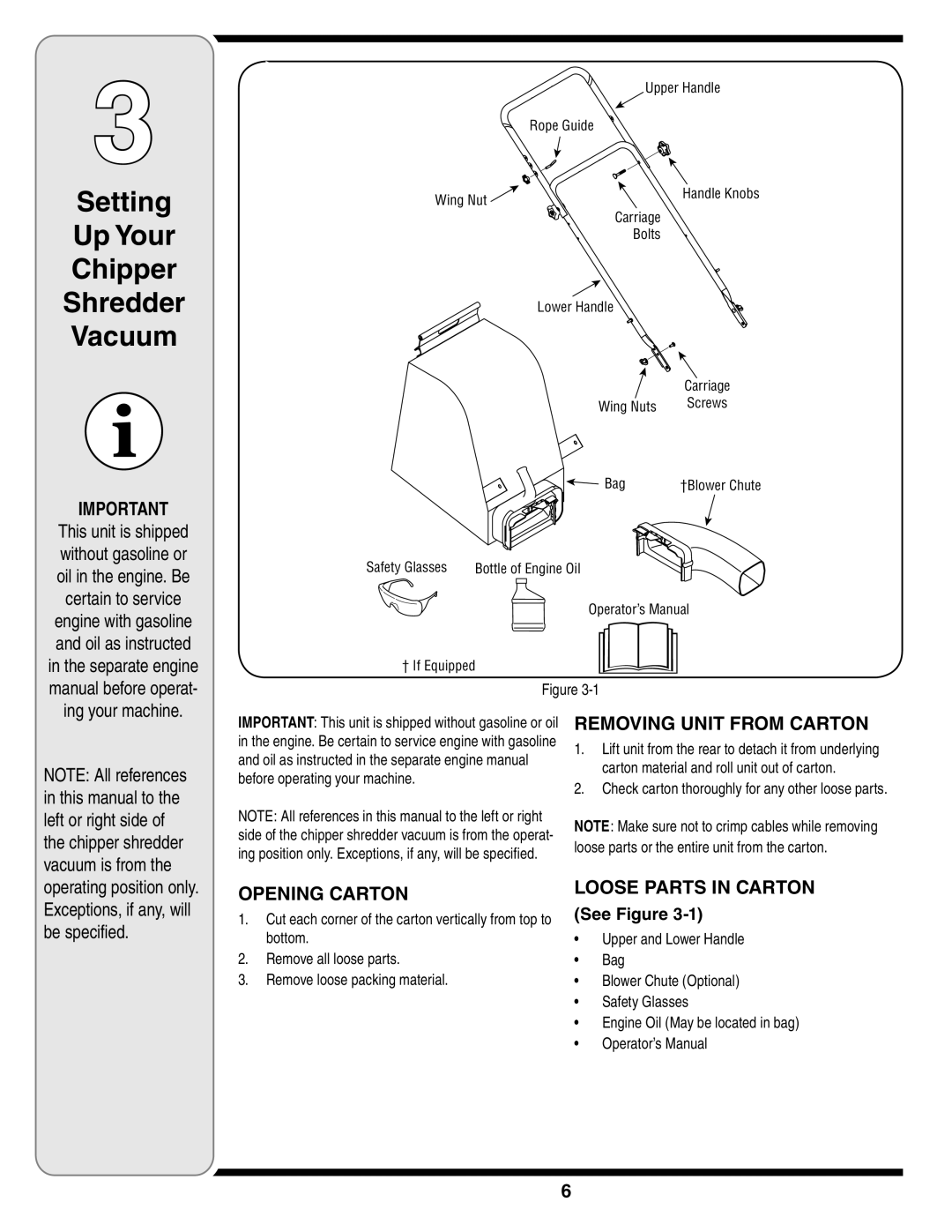 MTD Series 020 Setting Up Your Chipper Shredder Vacuum, Removing Unit from Carton, Opening Carton, Loose Parts in Carton 