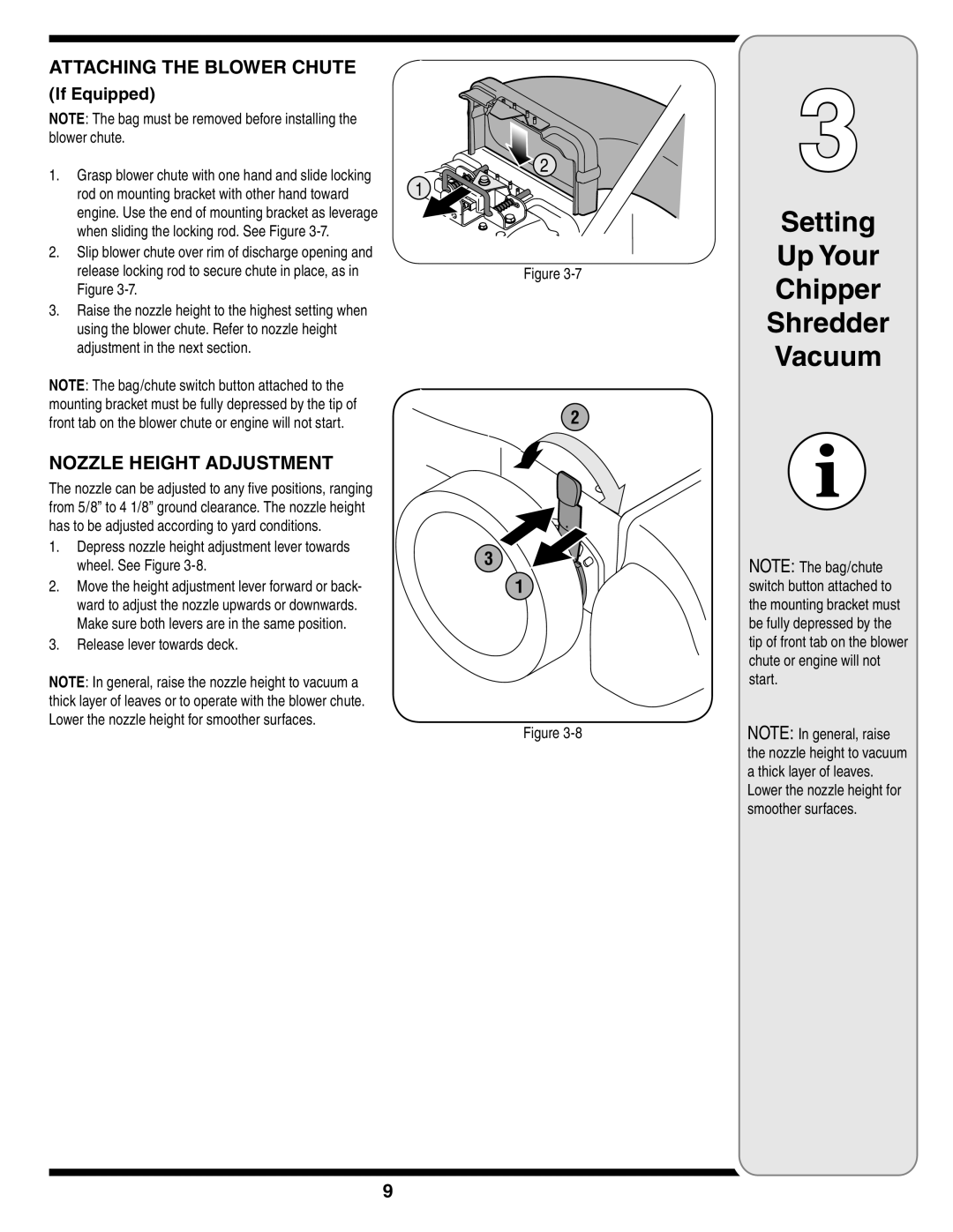 MTD Series 020 warranty Attaching the Blower Chute, Nozzle Height Adjustment, Release lever towards deck 