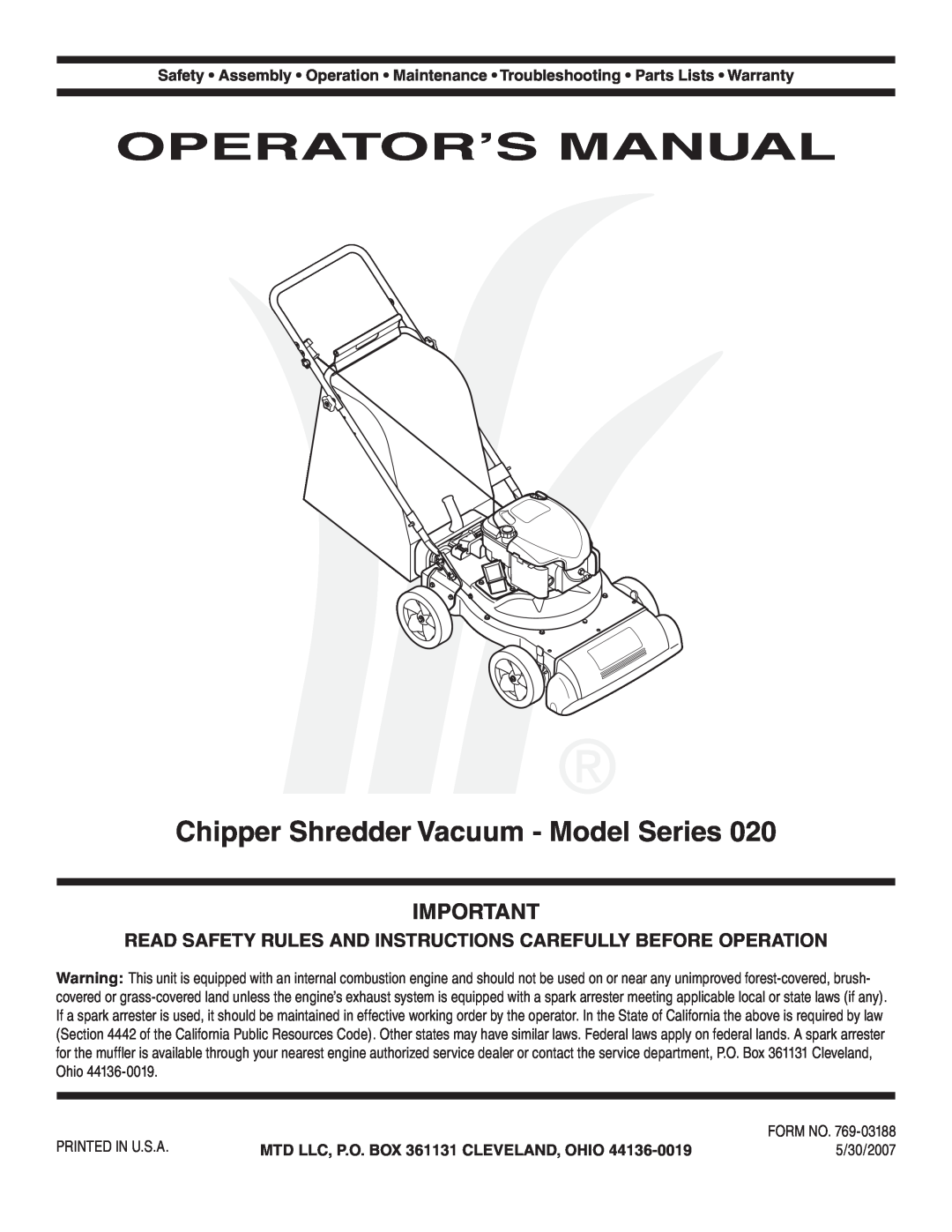 MTD Series 020 warranty Operator’S Manual, Chipper Shredder Vacuum - Model Series 