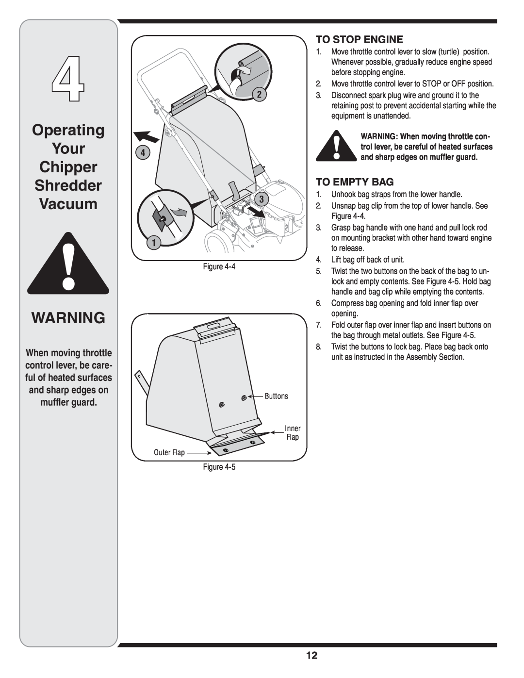 MTD Series 020 warranty Operating Your Chipper Shredder Vacuum, To Stop Engine, To Empty Bag 