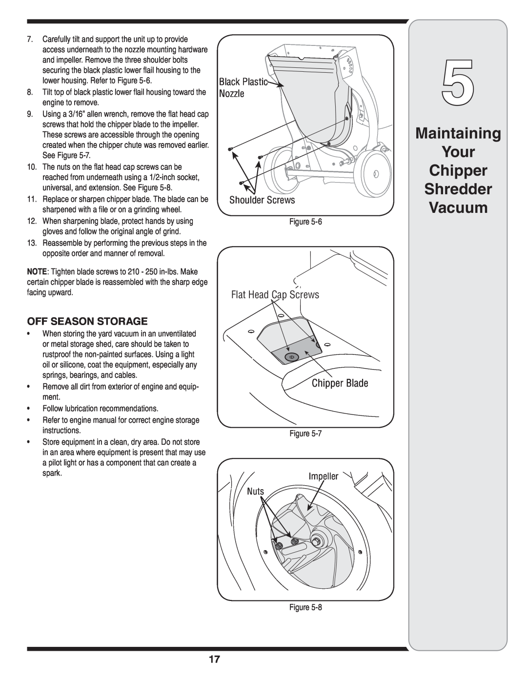 MTD Series 020 warranty Maintaining Your Chipper Shredder Vacuum, Off Season Storage, Flat Head Cap Screws Chipper Blade 