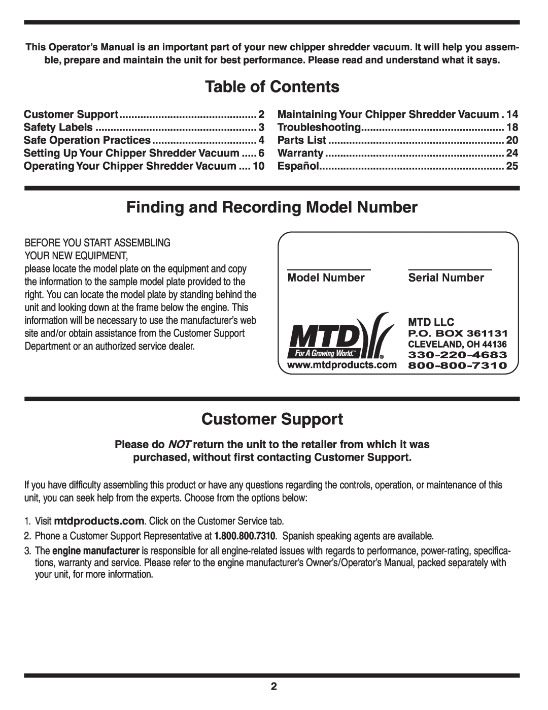 MTD Series 020 warranty Table of Contents, Finding and Recording Model Number, Customer Support, Serial Number 