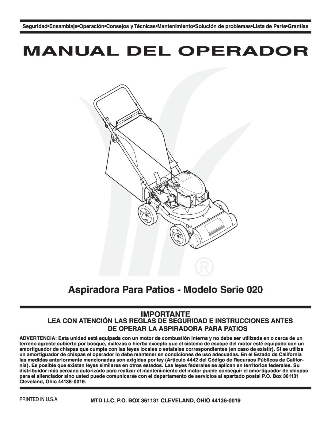 MTD Series 020 warranty Manual Del Operador, Aspiradora Para Patios - Modelo Serie, Importante 