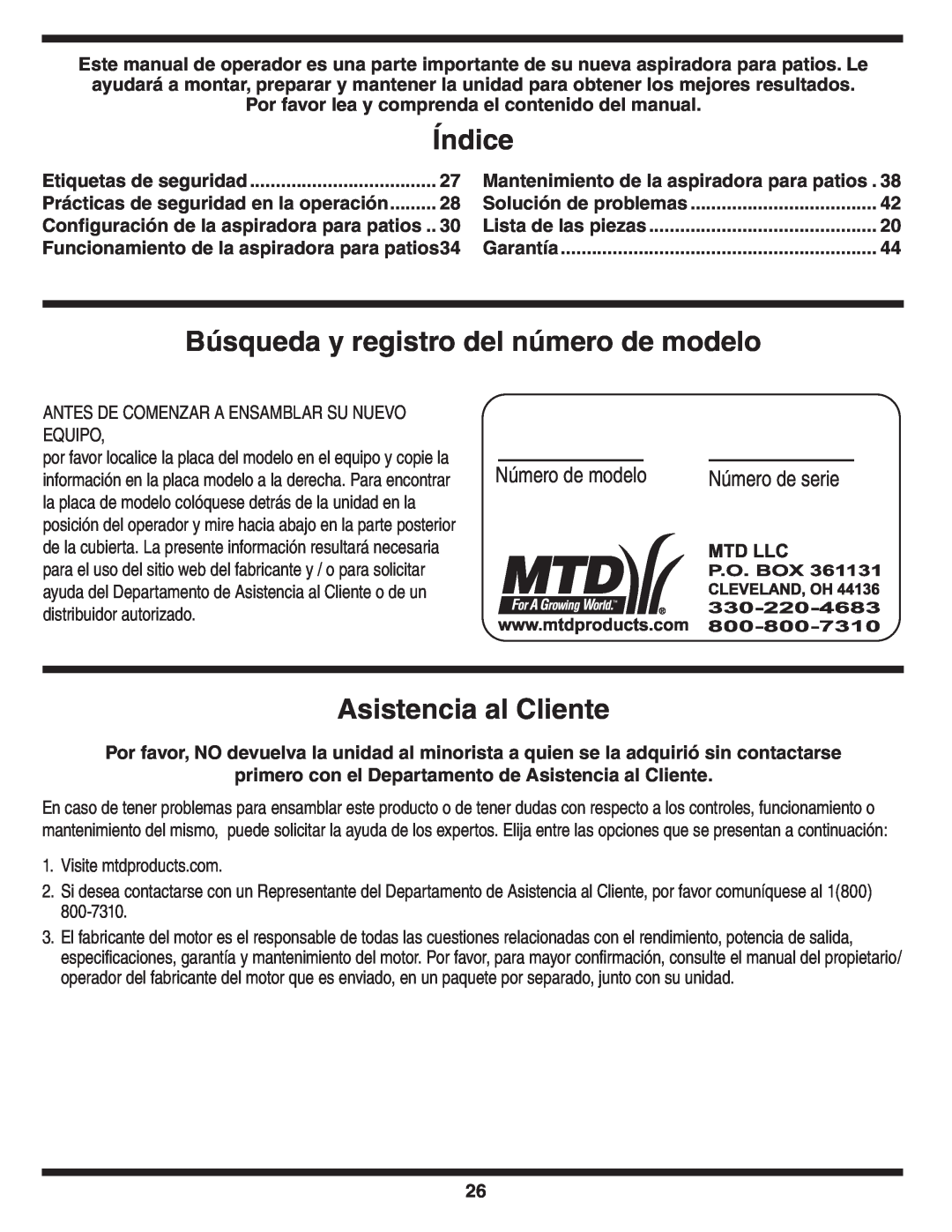 MTD Series 020 Índice, Búsqueda y registro del número de modelo, Asistencia al Cliente, Número de serie, Número de modelo 