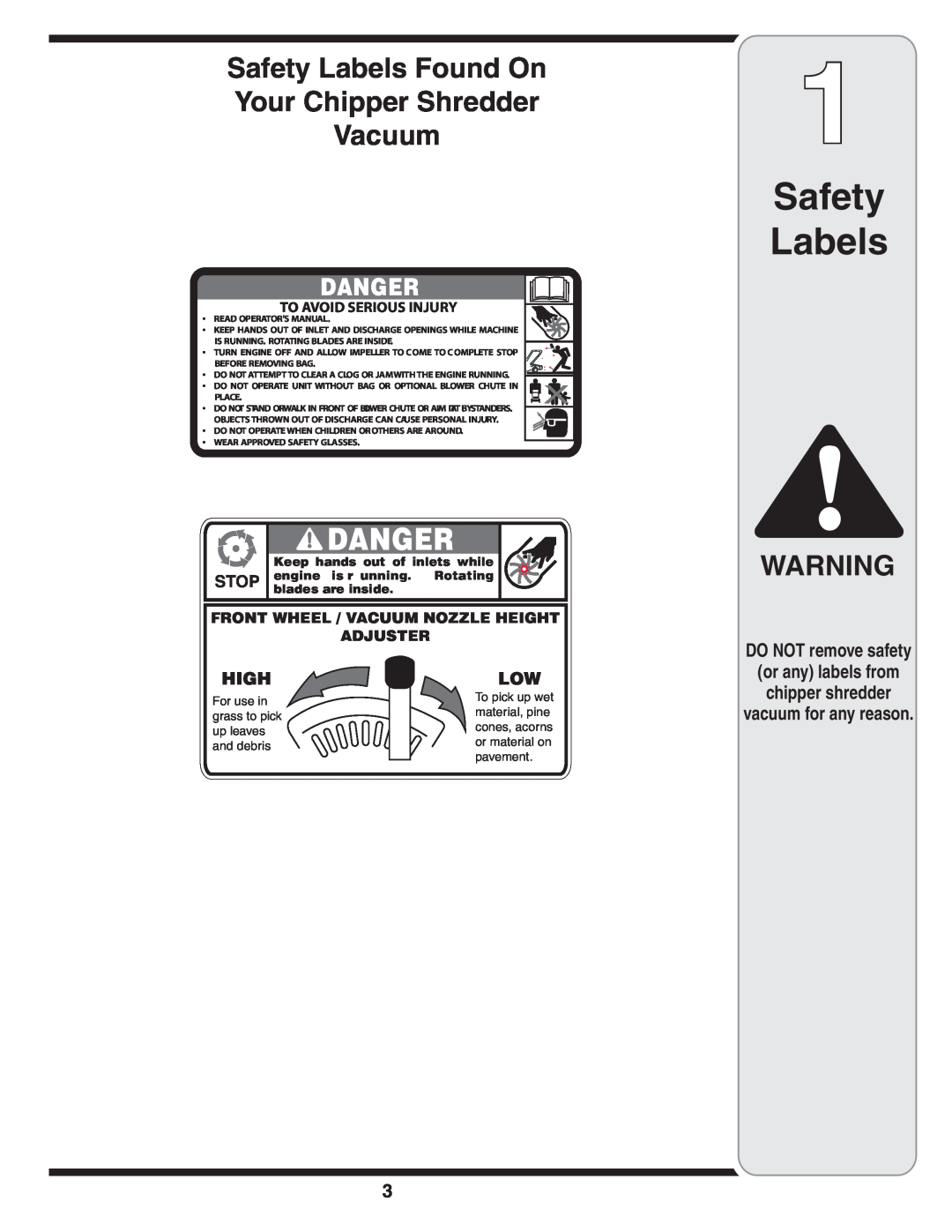 MTD Series 020 Danger, Safety Labels Found On Your Chipper Shredder, Vacuum, Highlow, Stop, To Avoid Serious Injury 