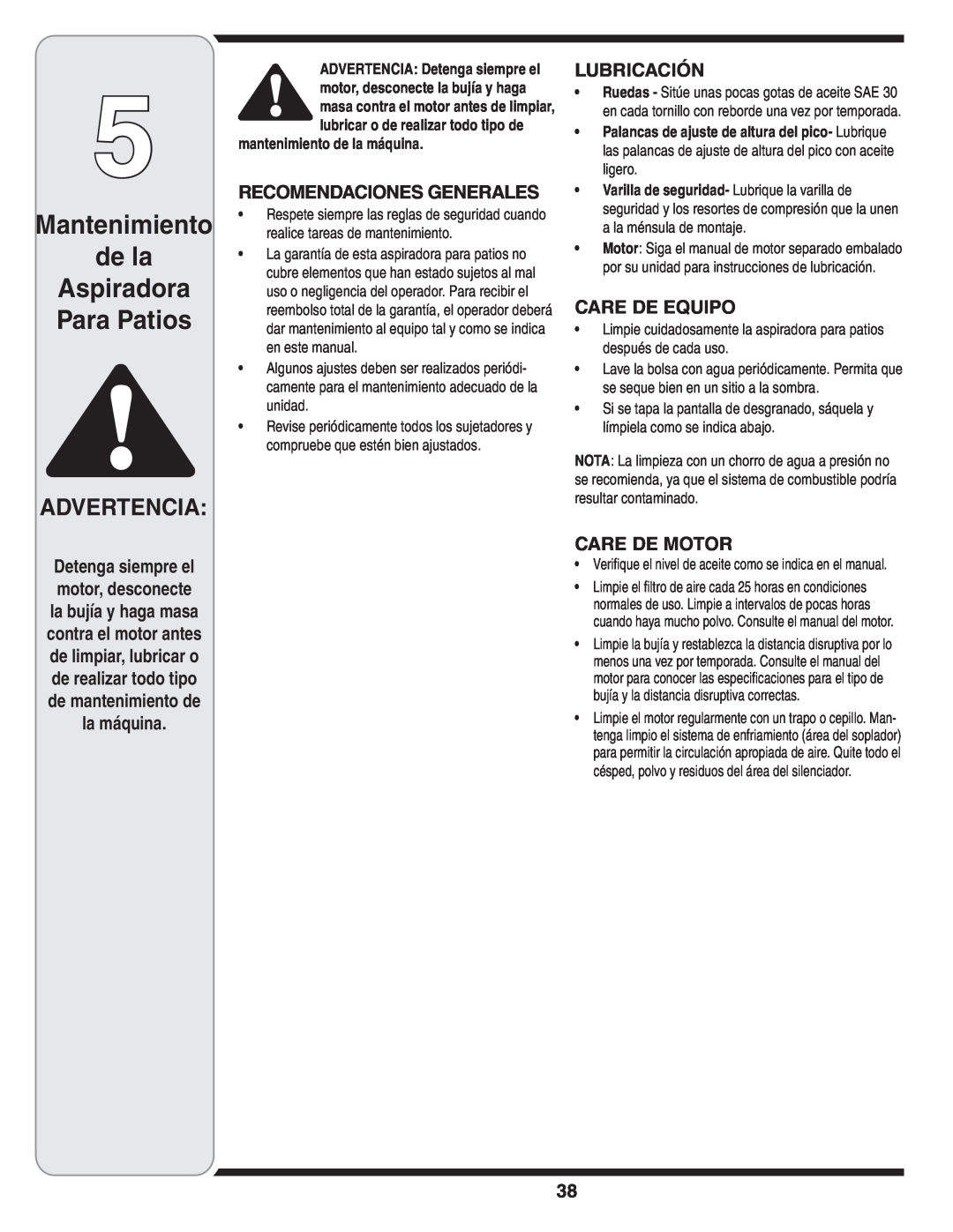MTD Series 020 Mantenimiento de la Aspiradora Para Patios, Advertencia, la máquina, Recomendaciones Generales, Lubricación 