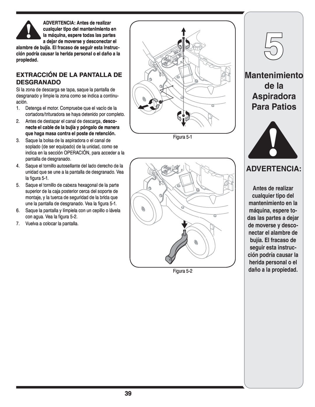 MTD Series 020 warranty Mantenimiento de la Aspiradora Para Patios, Advertencia, Extracción De La Pantalla De Desgranado 