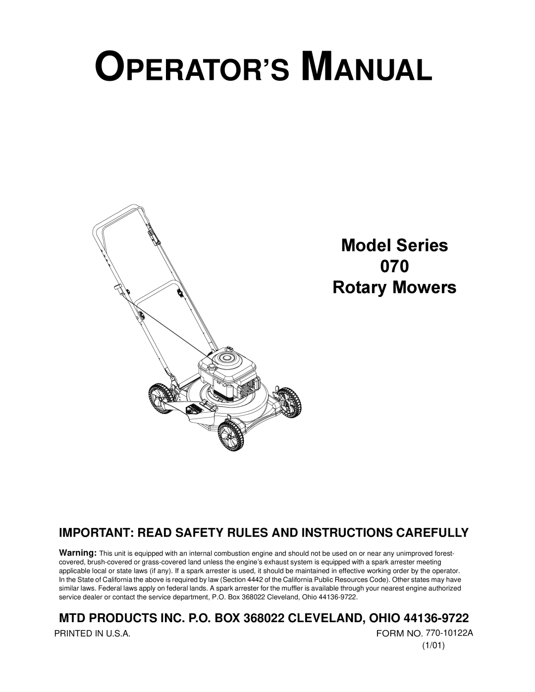 MTD Series 070 manual OPERATOR’S Manual 