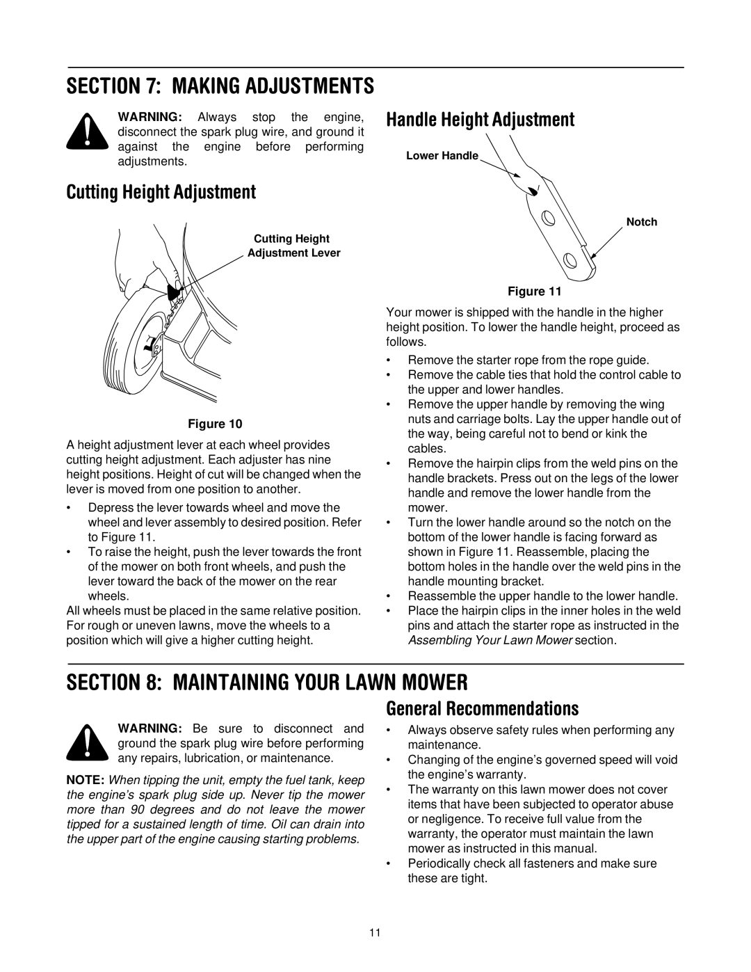 MTD Series 070 Maintaining Your Lawn Mower, Cutting Height Adjustment Handle Height Adjustment, General Recommendations 