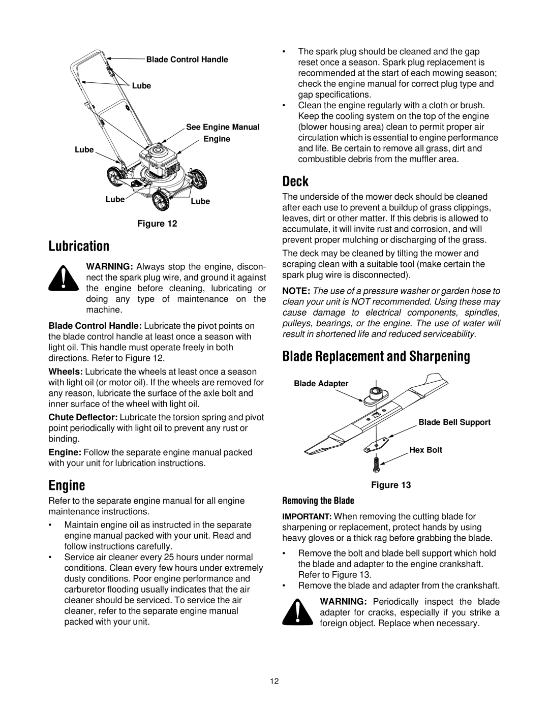 MTD Series 070 manual Lubrication, Engine, Deck, Blade Replacement and Sharpening, Removing the Blade 