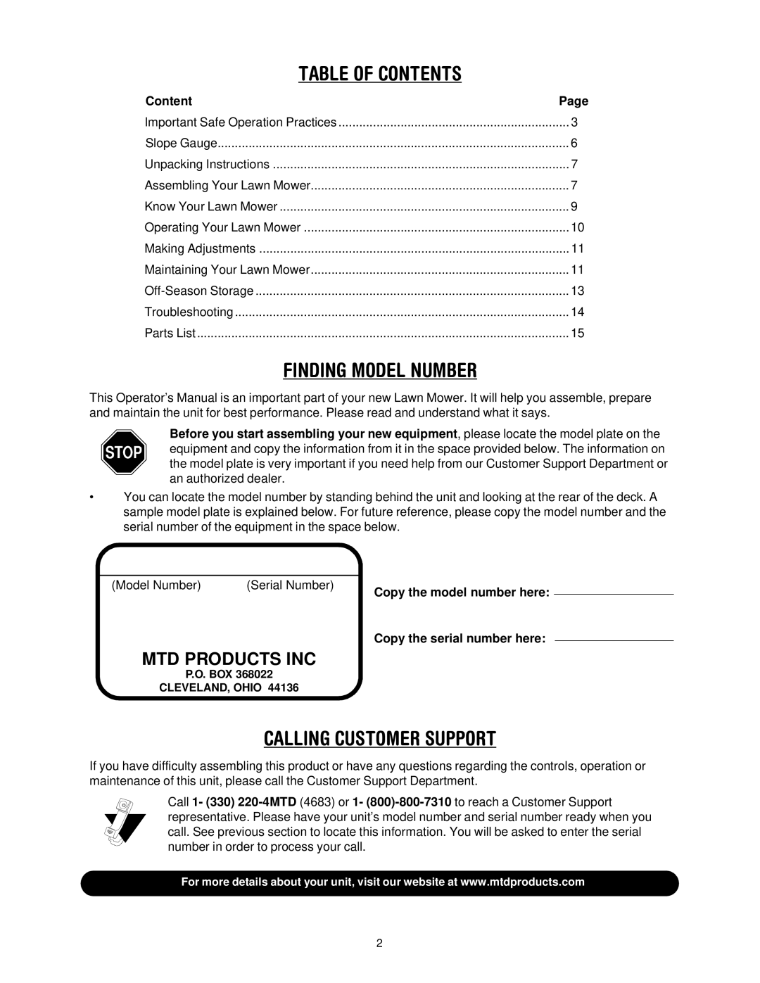 MTD Series 070 manual Table of Contents 