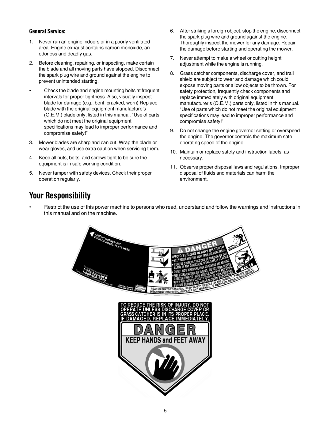 MTD Series 070 manual Your Responsibility, General Service 