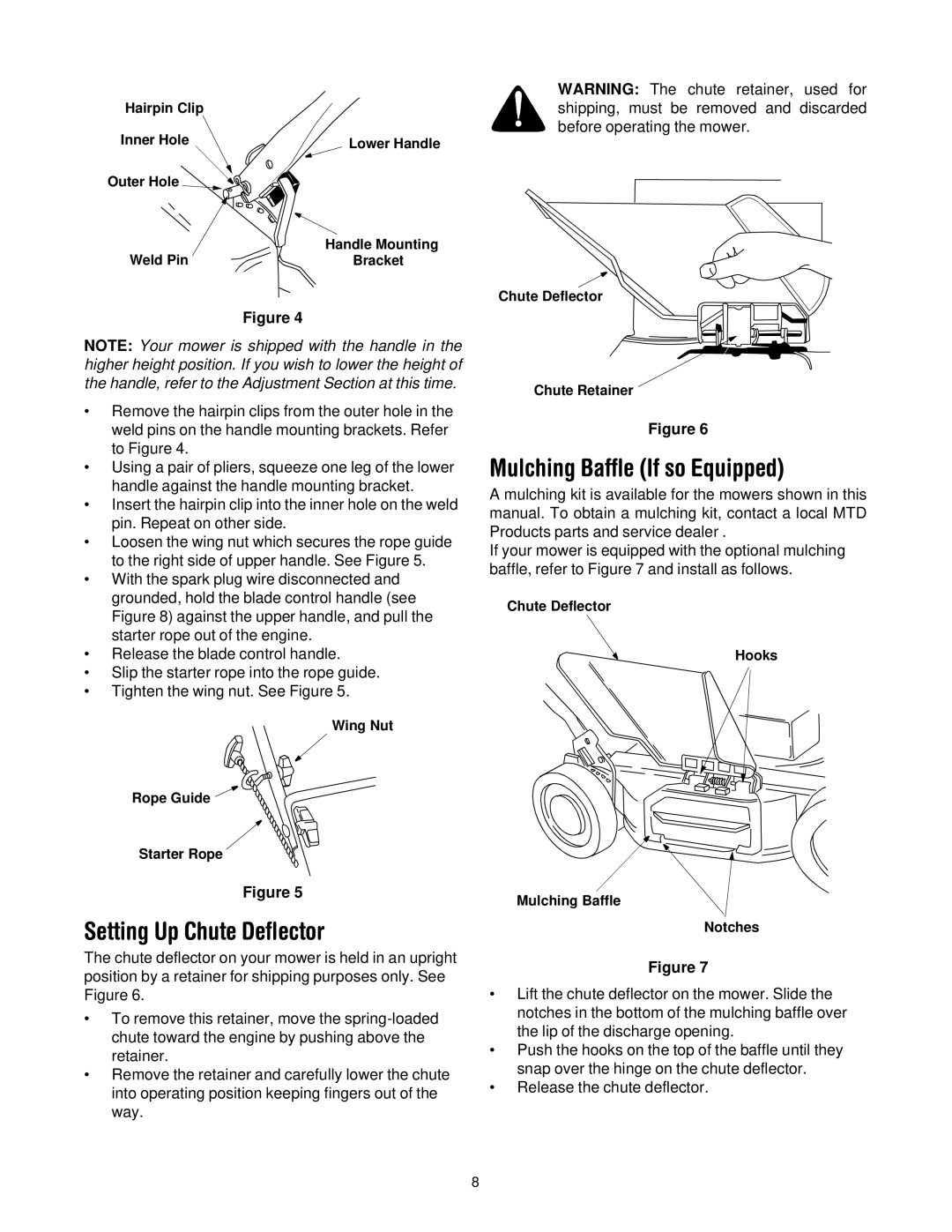 MTD Series 070 manual Setting Up Chute Deflector, Mulching Baffle If so Equipped 