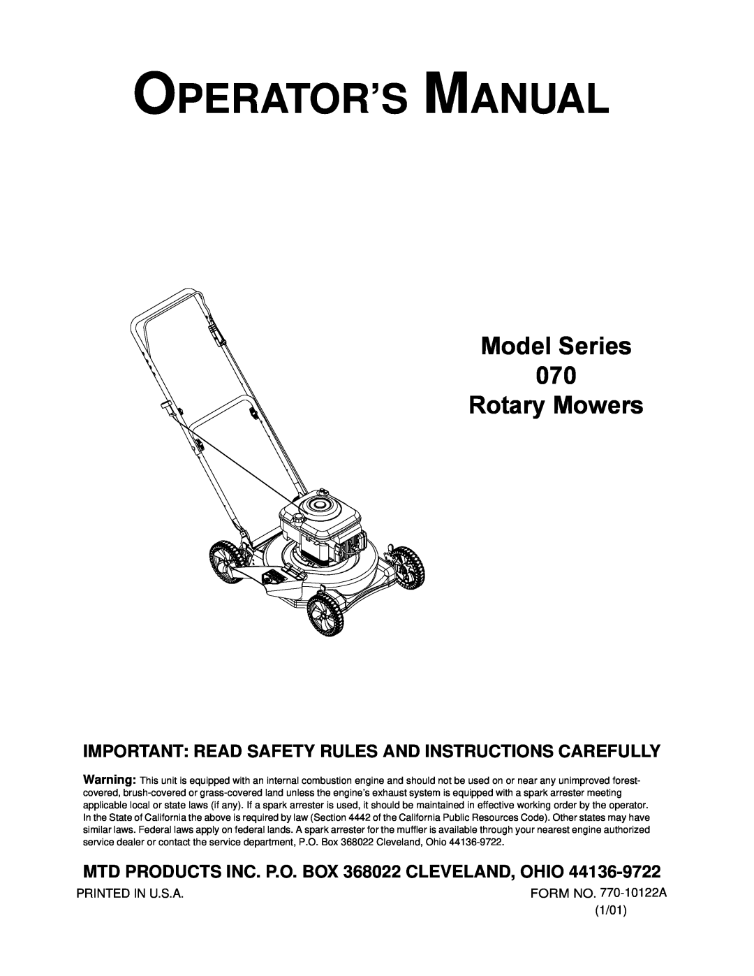 MTD manual MTD PRODUCTS INC. P.O. BOX 368022 CLEVELAND, OHIO, Operator’S Manual, Model Series 070 Rotary Mowers 