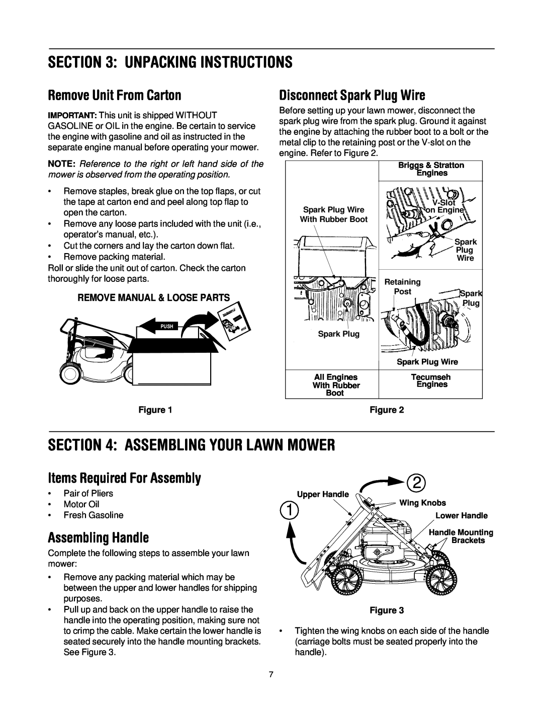 MTD Series 070 Unpacking Instructions, Assembling Your Lawn Mower, Remove Unit From Carton, Disconnect Spark Plug Wire 