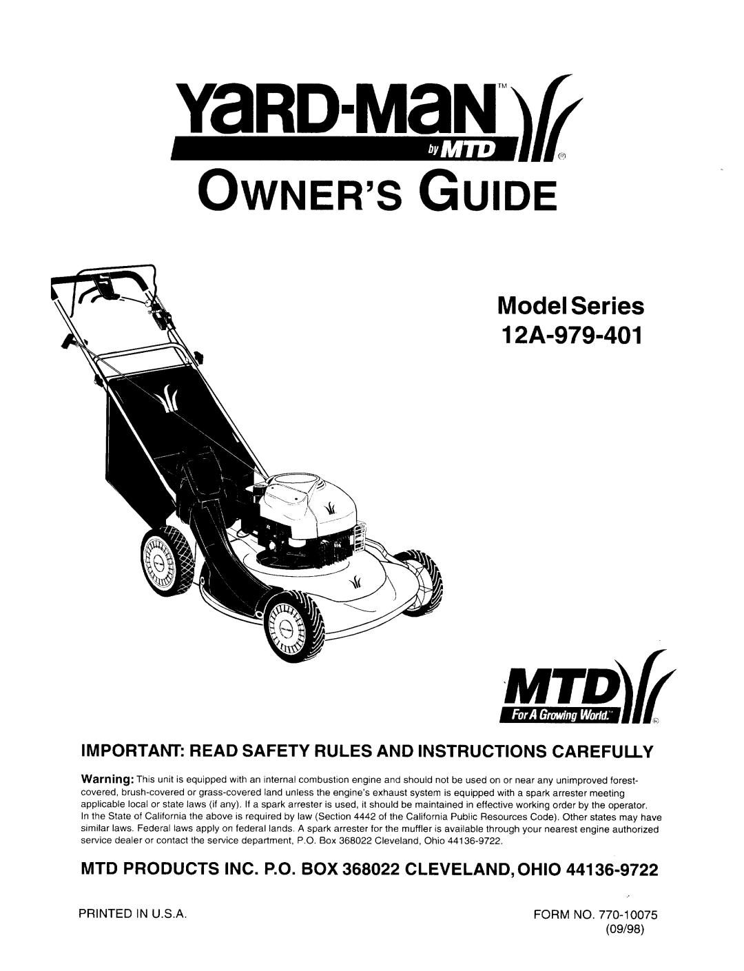 MTD Series 12A-979-401 manual 