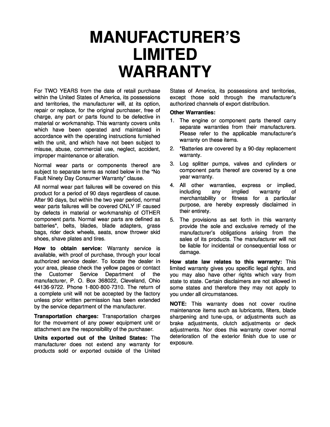 MTD Series 140 thru 152 manual Manufacturer’S Limited Warranty 